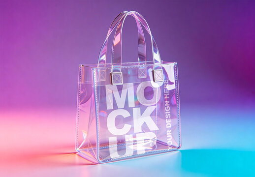 Transparent PVC Tote Bag Mockup on Cyberpunk Colors Background