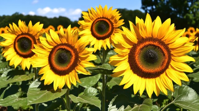 Close-up of vibrant sunflowers blooming in a sunny field