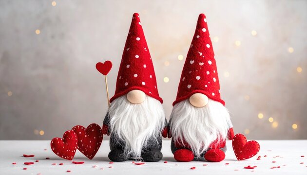 Two cute Valentines Day gnomes celebrating love with red hearts and festive bokeh lights.