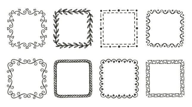 Hand drawn square frame set including heart, leaf, star, geometric, and swirl designs isolated. Decorative sketch borders for invitations and graphic design.