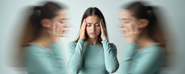 Young woman holds head with hands, eyes closed in pain. Suffers from severe headache, migraine, physical discomfort. Motion blur effect shows overwhelming thoughts, dizziness, mental confusion.