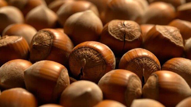 Close up of numerous hazelnuts with textured brown shells