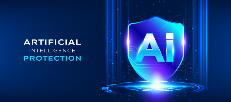 AI protection concept vector with digital shield and artificial intelligence security technology design. Modern cybersecurity illustration for data protection, network safety, future technology