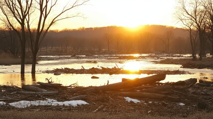 Sunrise illuminates flood debris logs and branches scattered across a calm riverbank during winter with patches of snow and ice reflecting the golden sunlight