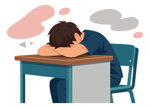 Modern illustration of a student depicting sleeping with head down on a desk for education and burnout