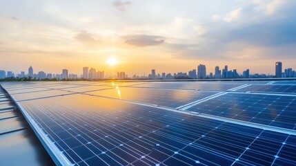 Vast solar panel array on a rooftop overlooking a city skyline at sunset with the sun reflecting on the glossy panels