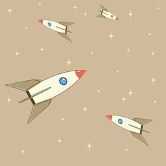 Fototapeta premium Minimal rocket illustration on beige background with stars. Cute flat vector space design with flying rockets, perfect for kids projects, posters, backgrounds, wallpapers and creative design.