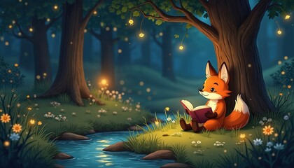 Fototapeta premium Cute cartoon fox enjoys reading book under big tree. Gentle stream flows nearby in magical forest. Glowing fireflies sparkle, illuminating cozy woodland scene at twilight. Colorful flowers grow on