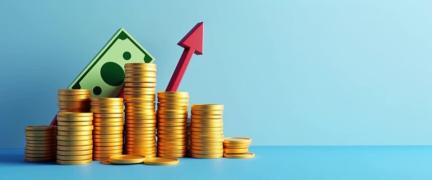 Stacks of gold coins rise with a dollar bill and red arrow in a minimalist, financial growth concept; camera slowly pans as subtle ambient light flickers, creating a dynamic, cinematic atmosphere.