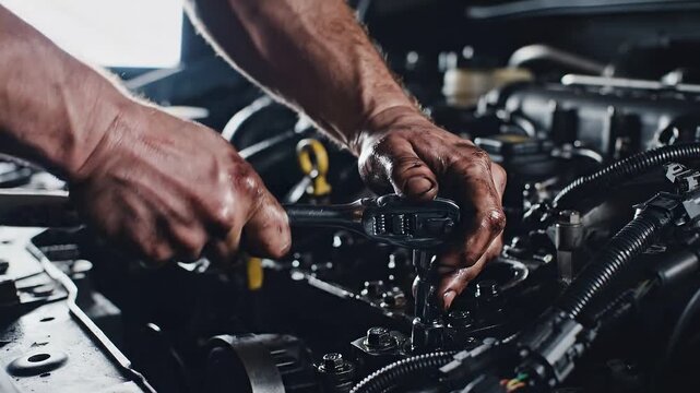 Close up of mechanic hands using a socket wrench to tighten bolts on a car engine in a professional automotive repair shop garage background