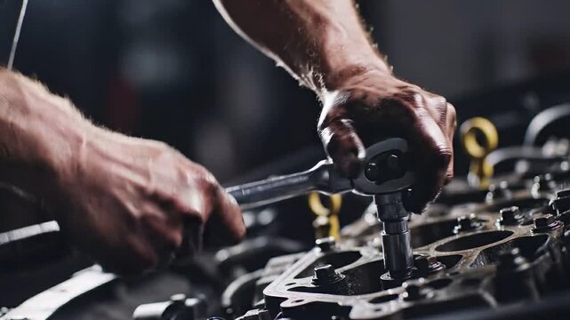 Hands of a professional auto technician working on a vehicle engine with a metal ratchet tool for maintenance in a car service station