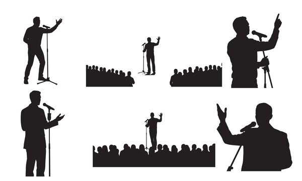 Silhouettes of speakers addressing audiences from stages with microphones.
