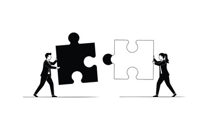 Two business professionals collaborating assembling puzzle pieces together symbolizing teamwork and partnership in a simple black and white