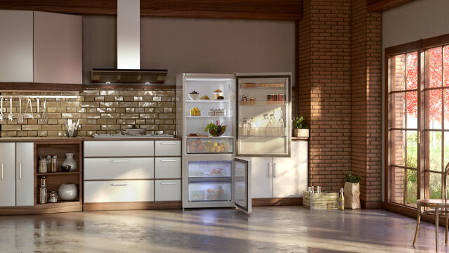 interior of a modern kitchen with open doors and a full refrigerator 