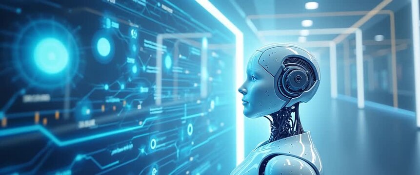 Futuristic robot analyzes digital interface, glowing holograms flicker gently; camera smoothly tracks sideways in a cinematic style, embodying technology, innovation, and AI concepts.