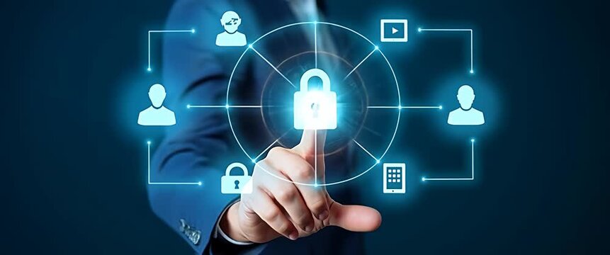 Business professional extends hand as digital security icons glow and pulse, with camera slowly panning across the futuristic technology interface, in a cinematic, secure environment.