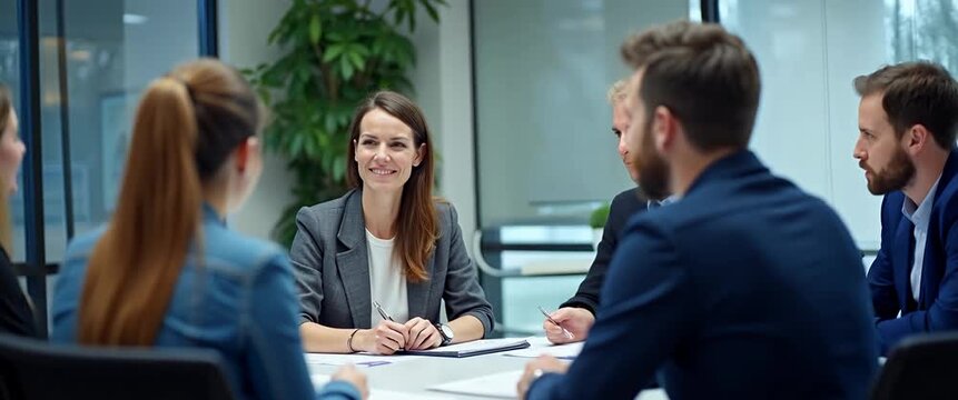 Professional business meeting in a modern office setting, featuring colleagues engaged in discussion; camera slowly pans across the table, capturing dynamic interactions, with ambient lighting adding 