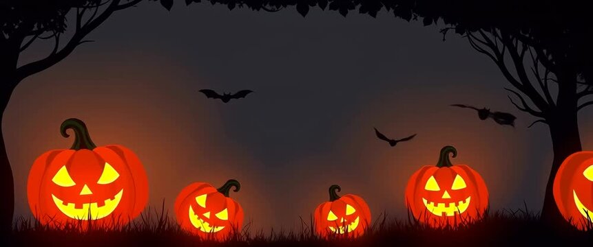 Glowing jack-o'-lanterns flicker while bats glide overhead in a dark, cinematic Halloween scene; the camera slowly pans to reveal a mysterious, atmospheric background.