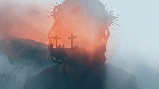 Jesus Christ illustration with crown of thorns and Golgotha crosses in double exposure. Christian Easter background for Passion Friday.