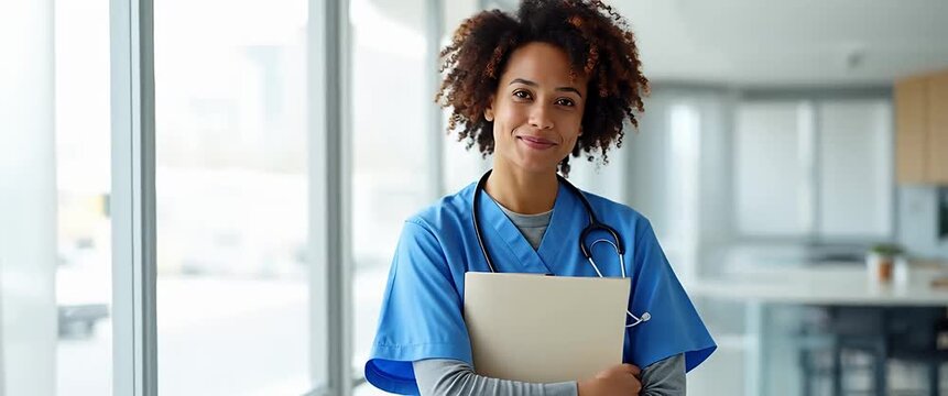 Confident nurse in blue scrubs walks through a modern hospital corridor, carrying a folder; camera gently tracks her movement while soft light filters through large windows, creating a professional, c