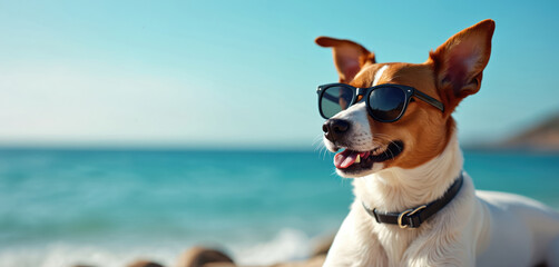 Cute dog wearing sunglasses lies on sandy beach near ocean waves. This happy pet enjoys warm sunny summer day on holiday. Canine relax near blue sea. © miss irine