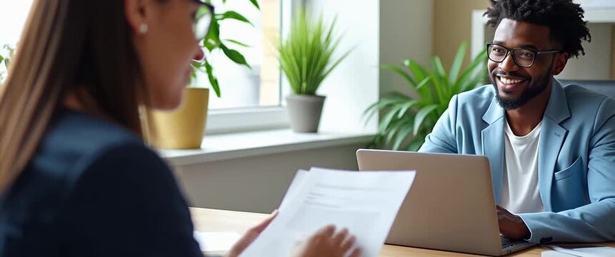 Professional job interview scene with smiling candidate and interviewer exchanging resumes, as camera gently pans across modern office with ambient plant motion, cinematic style.