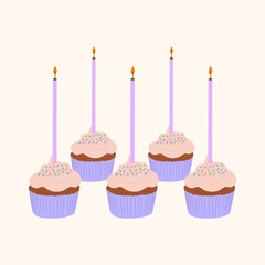 Birthday Cupcakes with Lit Candles &ndash; Cute Flat Vector Illustration