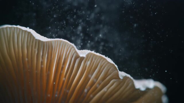 Extreme closeup macro shot of mushroom cap gills releasing a cloud of white biological spores into the dark atmosphere fungi growth background