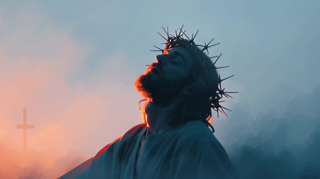 Man in crown of thorns looking upon crosses during golden hour. Holy week and good friday easter christianity concept.