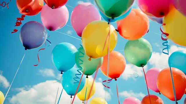 Colorful balloons gently floating across a bright blue sky, drifting among soft, fluffy clouds, creating a light, joyful, and dreamy atmosphere.
