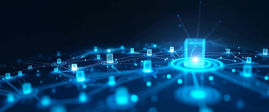 Digital network nodes gently pulse with light in a futuristic, cinematic scene as the camera smoothly pans across the interconnected blockchain landscape, emphasizing innovation and technology.