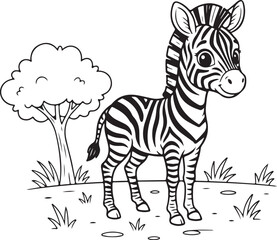 Obraz premium A cute baby zebra stands in a safari landscape, ready for a fun coloring adventure