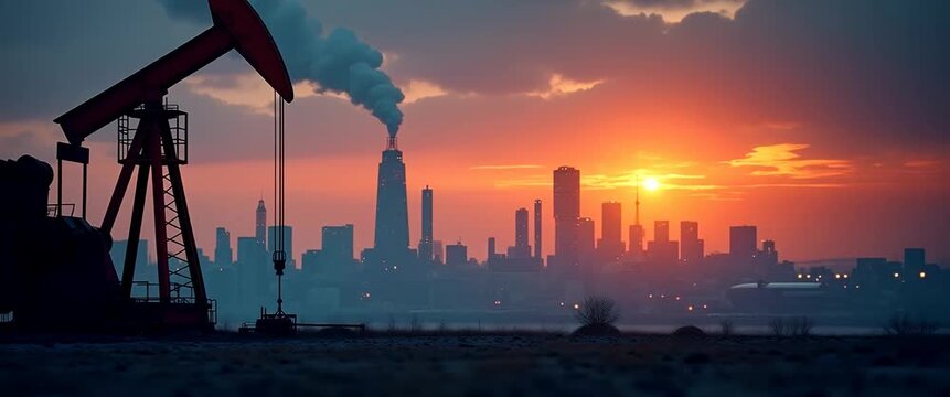 Oil pump jack rhythmically moves against a vibrant city skyline at sunset, with gentle camera pan and ambient lights flickering, creating a cinematic, industrial landscape scene.