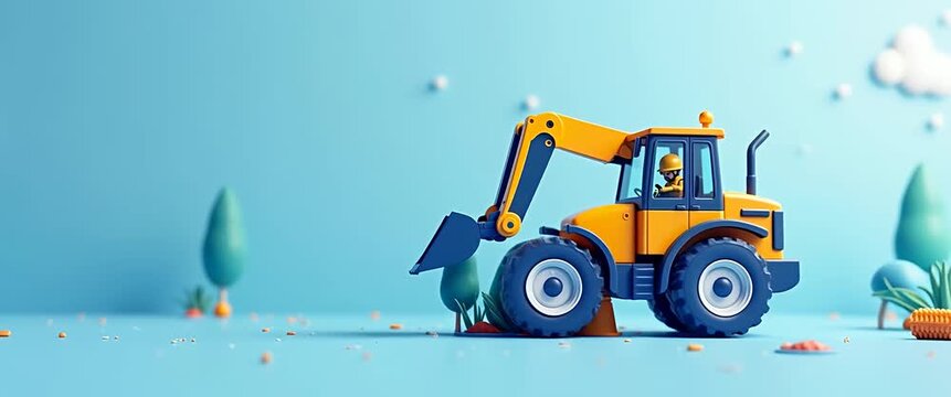 Toy construction vehicle moves in a whimsical miniature landscape; camera gently pans as clouds drift by, creating a playful, colorful, and imaginative scene perfect for creative projects.