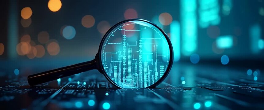 Magnifying glass revealing digital data on a circuit board with glowing lights flickering gently; camera executes a slow pan, creating a cinematic exploration of technology and innovation.