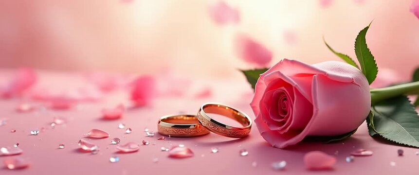 Elegant wedding rings beside a pink rose on a softly lit surface, with gentle petals drifting and a slow panning camera capturing this romantic, cinematic scene.