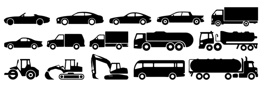 Vehicle silhouette collection including car, truck, bus, oil containers truck, tractors, LNG transport truck, delivery truck, and construction excavator hand drawn vehicle sets