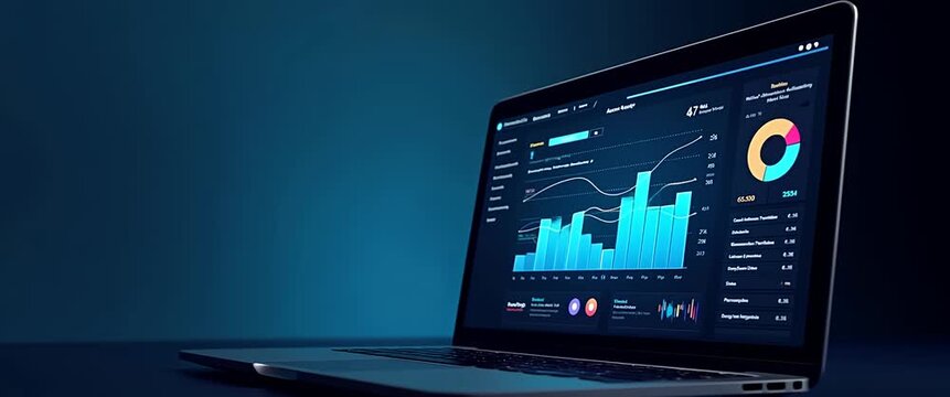 Sleek laptop displays dynamic financial graphs and data analytics in low-light office; camera pans slowly across screen as ambient light subtly shifts, creating a cinematic, tech-focused atmosphere.