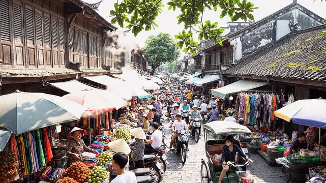 Bustling Market Street Scene in Asia with Traditional Architecture and Crowds