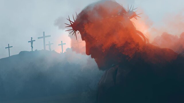 Jesus Christ in crown of thorns on Golgotha. Religious Easter spiritual background with light shining for Good Friday.