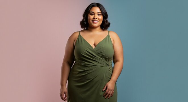 A confident plus-sized woman wearing a green dress stands against a pastel pink and blue background
