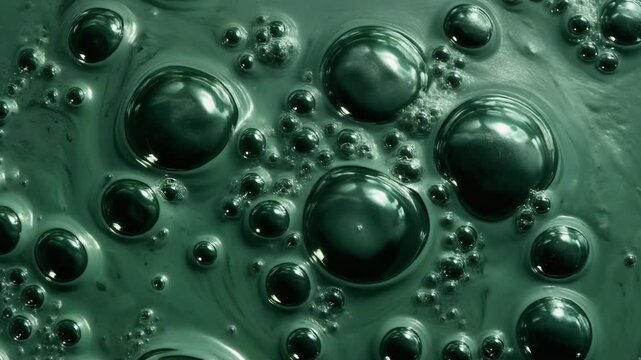 Abstract close up of toxic dark green sludge bubbling liquid surface macro view of microbial growth or chemical reaction foam texture
