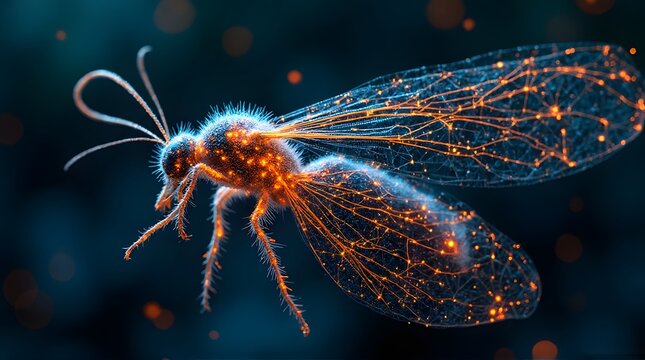 Glowing insect with wings illuminated at night
