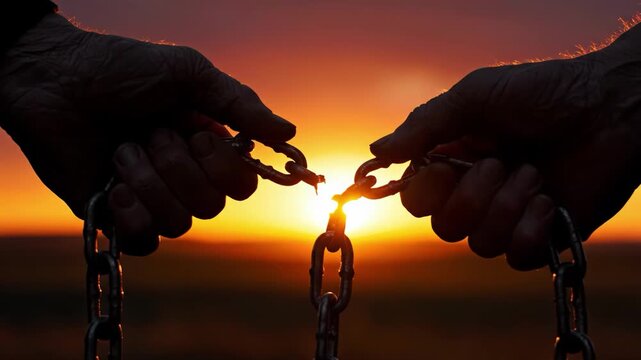 Hands breaking free from chains at sunset silhouette