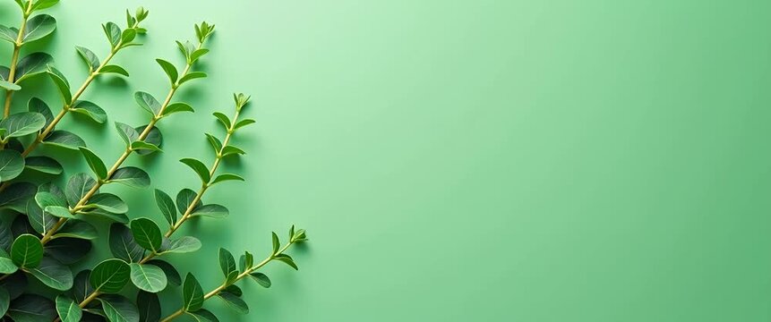 Vibrant green leaves gently sway against a minimalist green background, captured in a slow, cinematic pan, evoking nature's tranquility and offering ample copy space for creative use.