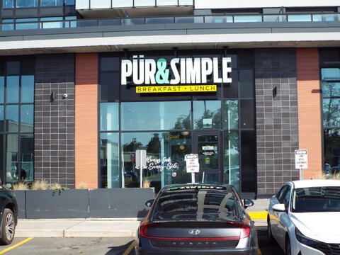Ottawa, ON, Canada-July 10,2025:The storefront of  "P&uuml;r & Simple" restaurant at  970 Smyth Rd unit 1.
