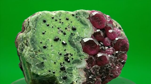 Natural raw ruby zoisite mineral specimen with visible red crystals on a vibrant green studio background