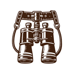 Vintage binoculars hanging from a leather strap
