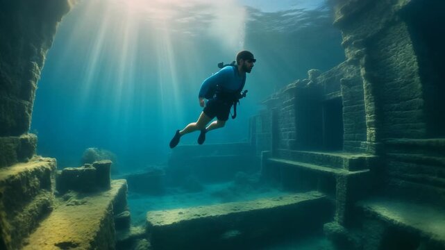 Professional scuba diver explores the mystery of ancient abandoned ruins deep underwater illuminated by stunning sunbeams and rays