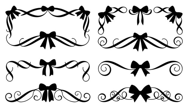 Bow and Ribbon Flourish Ornaments Classic Decorative Design Elements Isolated on White Background, Hand drawn frame border with conner  ornament elements design on white background